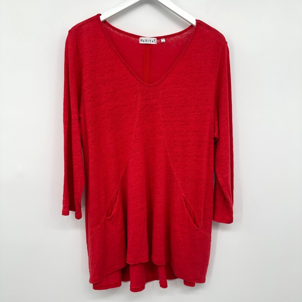 Habitat Top Shirt Blouse Size XL Red 100% Linen Stretch Pockets 3/4 Sleeves Boho - Picture 12 of 12